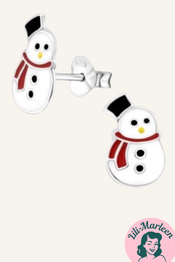 Juleøreringe 925 sølv; Søde små snemænd med rødt tørklæde 