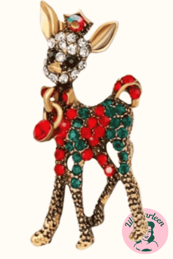 Broche - dådyr med røde/grønne sten, guld