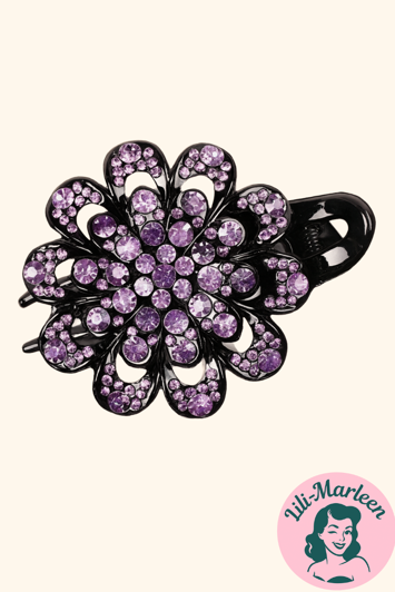 Hårklips/hårklemme - stor blomst med glitrende sten, lilla