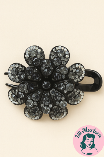 Hårklips - Stor Blomst med Glitrende Sten, navy/sort/hvid
