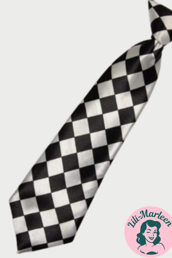 Børne slips i satin, sort/hvid med tern 