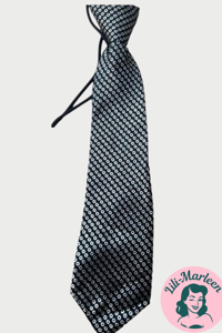 Børne slips i satin, sort med sølv cirkler