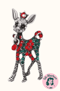 Broche - dådyr med røde/grønne sten, sølv