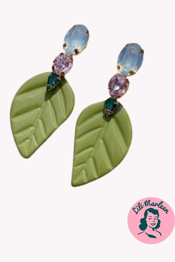 Øreringe - store hængeøreringe med grønt blad med ivory/lyserød/grønne sten