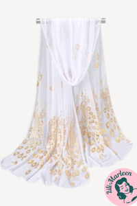 Chiffon Sjal, hvid med guld blade og påfugle