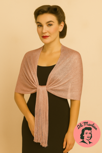 Sjal, metallisk lys gammelrosa sjal med sølv og med frynse