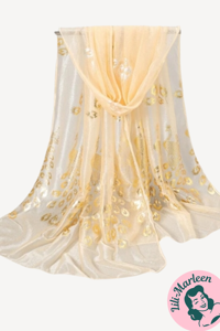 Chiffon Sjal, creme med guld blade og påfugle