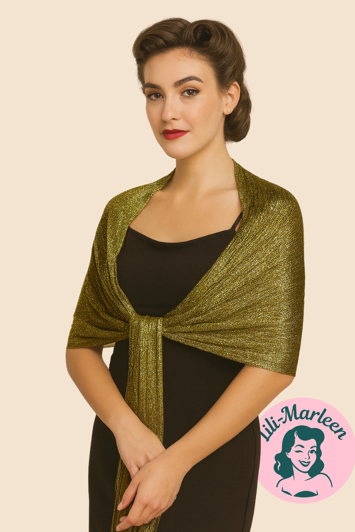 Sjal, metallisk amber/grøn sjal med glitter - med frynser