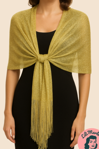 Sjal, metallisk guld sjal med glitter - med frynser