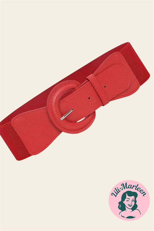 Bredt rødt lakbælte med rund spænde