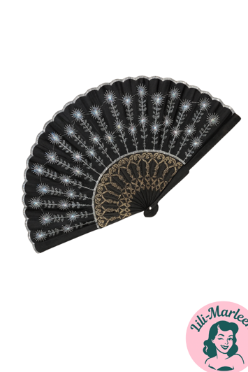 Vifte, stor: Sød vifte med palietter, sort/sølv - med guld mønster på viftestel 
