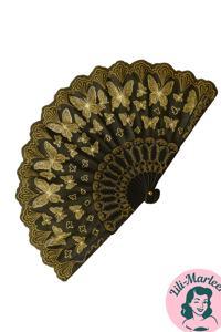Elegant Sort og Guld Vifte – Vintage Glamour med Sommerfuglemotiv