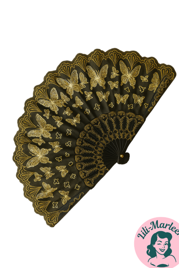 Elegant Sort og Guld Vifte – Vintage Glamour med Sommerfuglemotiv