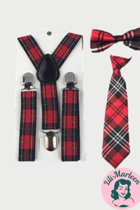 Børne seler og butterfly og slips, tern rød/sort/hvid 