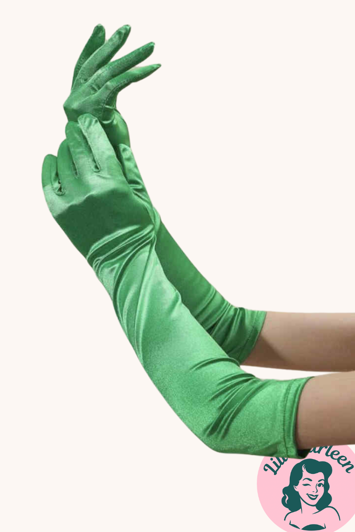 Grønne Lange Satin Handsker – Klassisk Elegance med Retro Twist