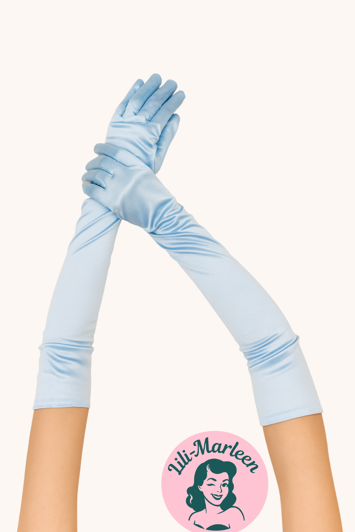 Lyseblå Lange Satin Handsker – Vintage Elegance til Fest & Galla