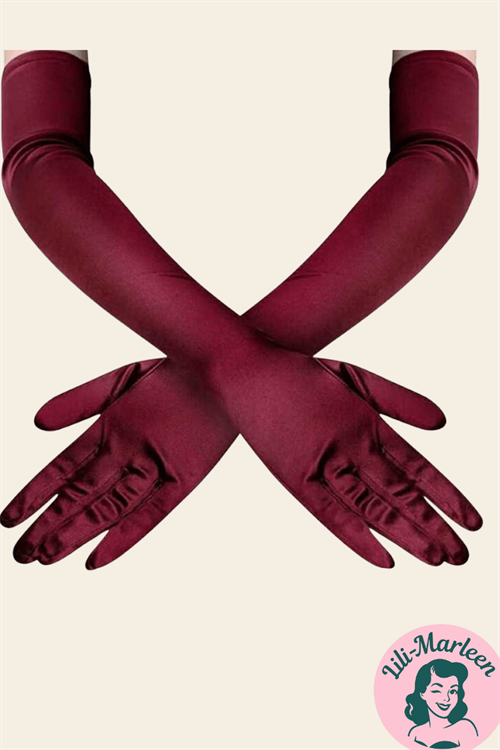 Burgundy Elegance – lange satin-handsker i vinrød