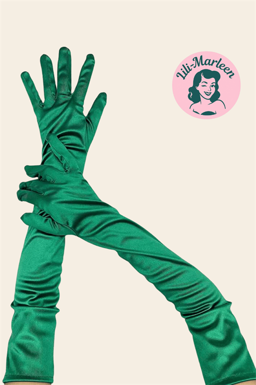 Emerald Glam – lange satin-handsker i smaragdgrøn