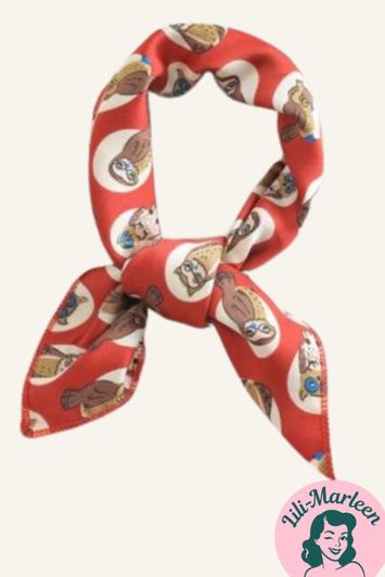 Satin tørklæde rødt med ugler