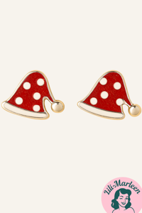 Juleøreringe 925 sølv; Søde små nissehuer i rød med prikker