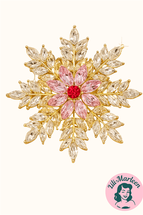 Broche – Gylden Snesnefnug med rosa sten