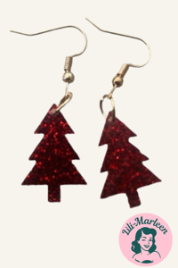 Hængeøreringe; juletræer, rød glitter
