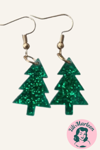 Hængeøreringe; juletræer, grøn glitter