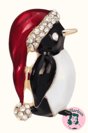 Broche - pingvin med nissehue, guld