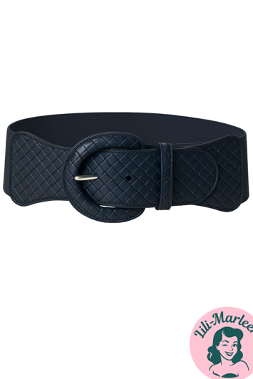 Bredt elastisk lakbælte, mat sort bælte med tern