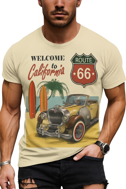 T-shirt til mænd - Route 66 Classic – Cremefarvet T-shirt med vintage roadtrip-stemning