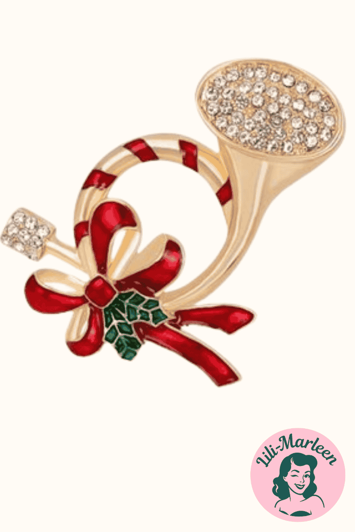 Broche - Juletrompet med støjfe og et væld af glitrende sten