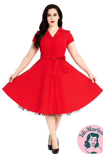 Miss Minnie – Swingkjole i rød med sorte polka prikker 