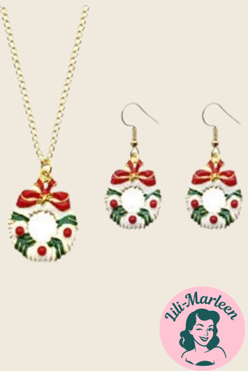 Julesmykkesæt: Halskæde med julekrans og øreringe med julekrans 