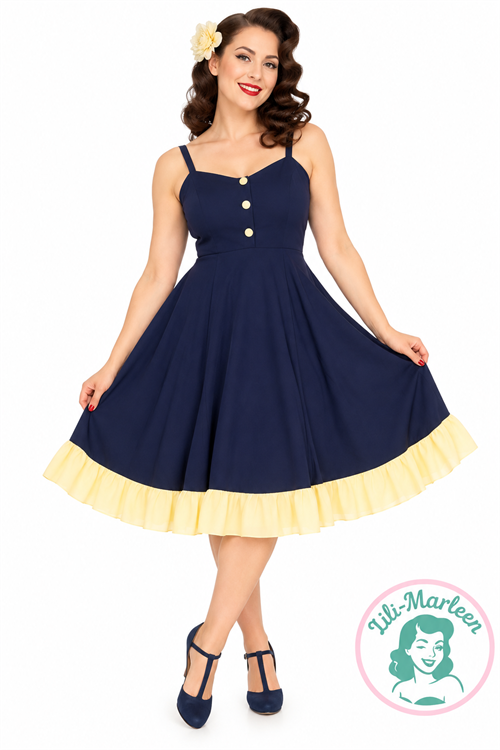 Miss Dorthea -Klassisk navyblå kjole med feminine detaljer