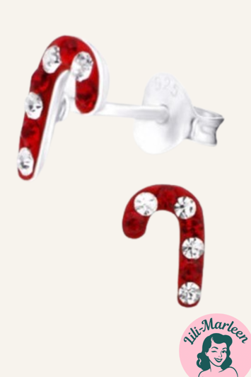 Juleøreringe 925 sølv; Søde små slikstokke med røde med sten