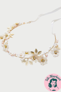 Blomsterkrans med blomster, sten og perler, guld