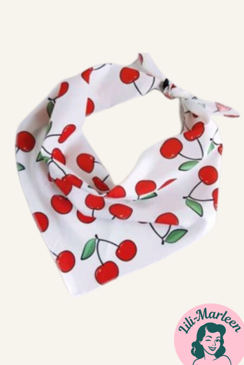Satin head/neck scarf, hvid med kirsebær