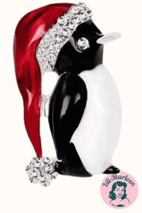 Broche - pingvin med nissehue, sølv