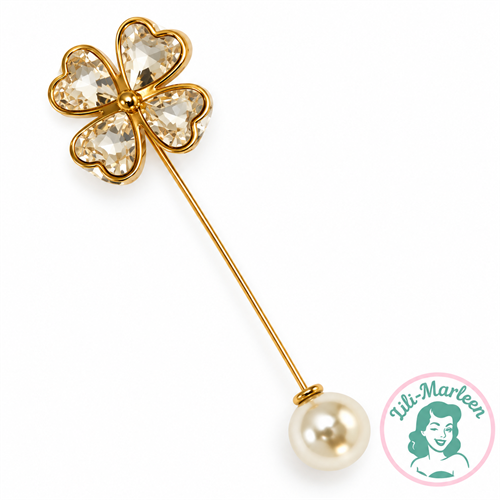 Hattenål Lucky Clover – guldfarvet med krystal og perle