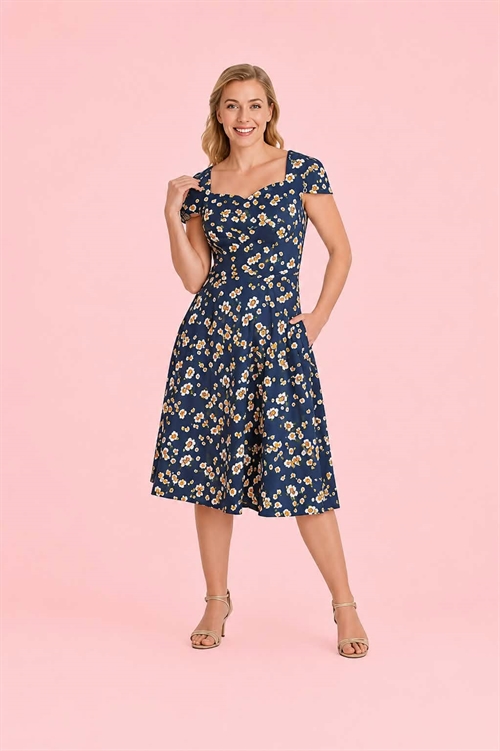 Miss Blue Blossom Vintagekjole med blomsterprint i marineblå