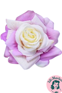 Stofrose, deluxe hvid/lilla rose på Hårklips/brochepin 