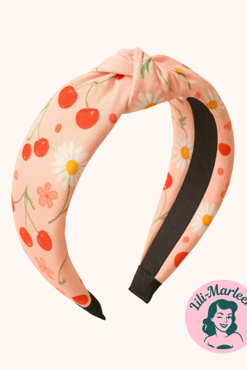 Cherry Blossom – Satin hårbøjle med knude og kirsebærprint