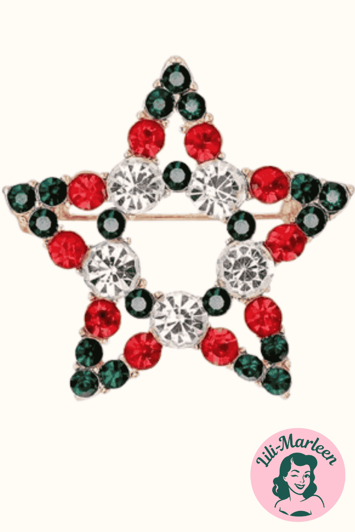 Broche - Julestjerne med glitrende sten i rød/hvid/grøn