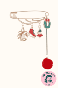 Brochenål med vedhæng, klokke, kane, juletræ, krans