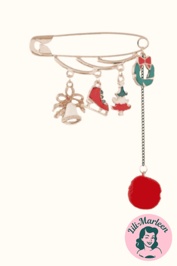 Brochenål med vedhæng, klokke, kane, juletræ, krans