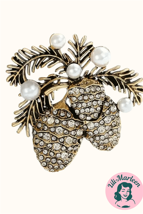 Broche – Vintergran & Kogler – Guldlook med perler og klare sten