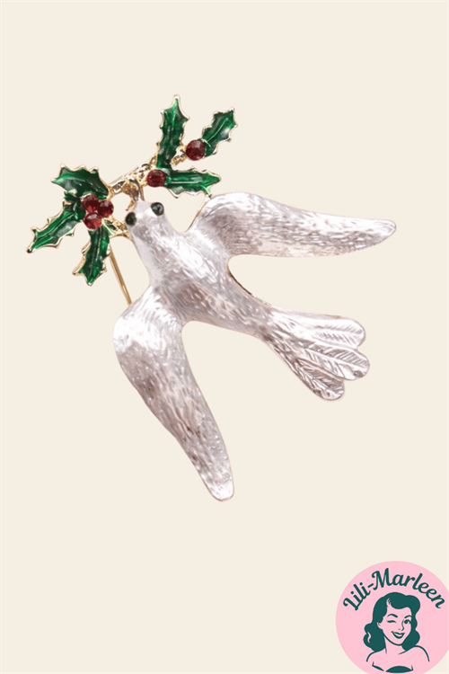 Broche – Fredsduen med kristtorn – Julebroche i sølvlook