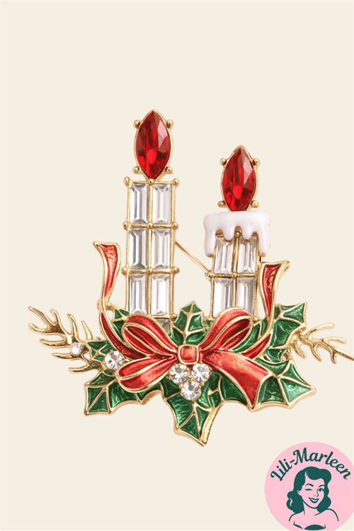 Broche – Dobbeltlys med sløjfe og kristaller – Klassisk jul med vintageglimt