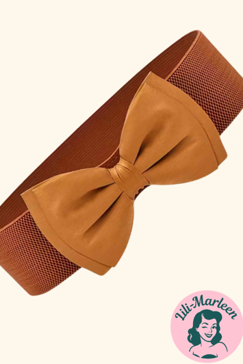 Bredt elastisk bælte med satin sløjfe, lysebrun 