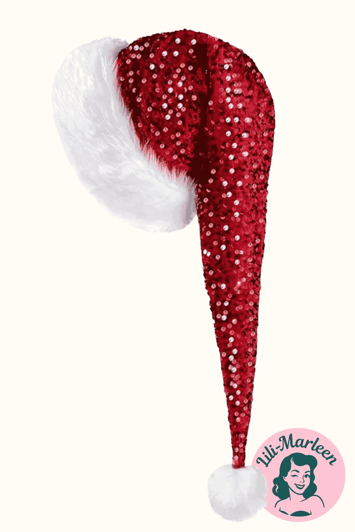 Nissehue – Ruby Glam – Glitrende julehue i rød pailletstof